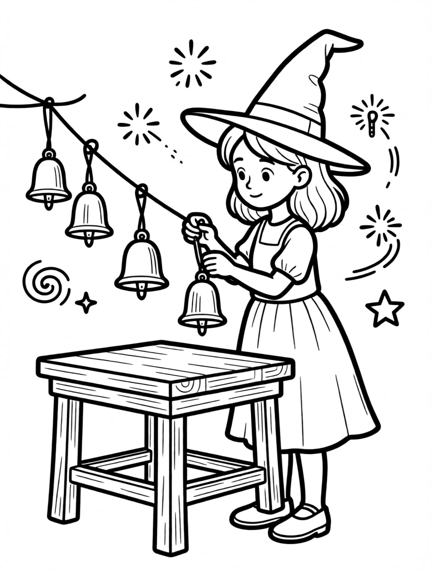 A witch creating magical bells that ring warnings