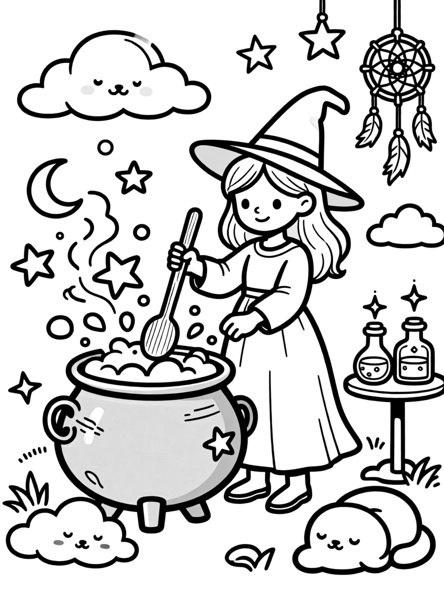 A witch brewing potions that capture dreams