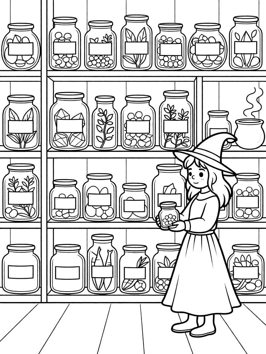A witch's storage room with ingredients in labeled jars
