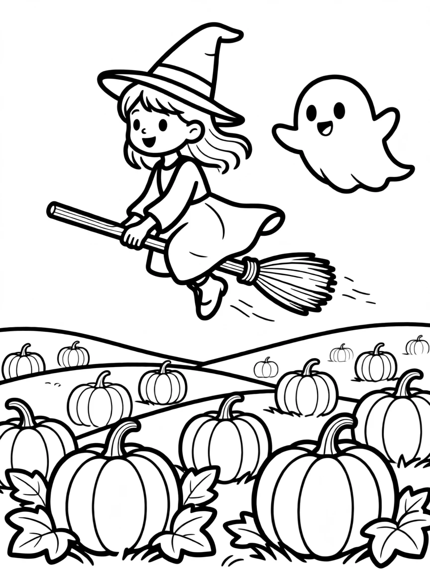 A witch and her ghost familiar flying over a pumpkin patch