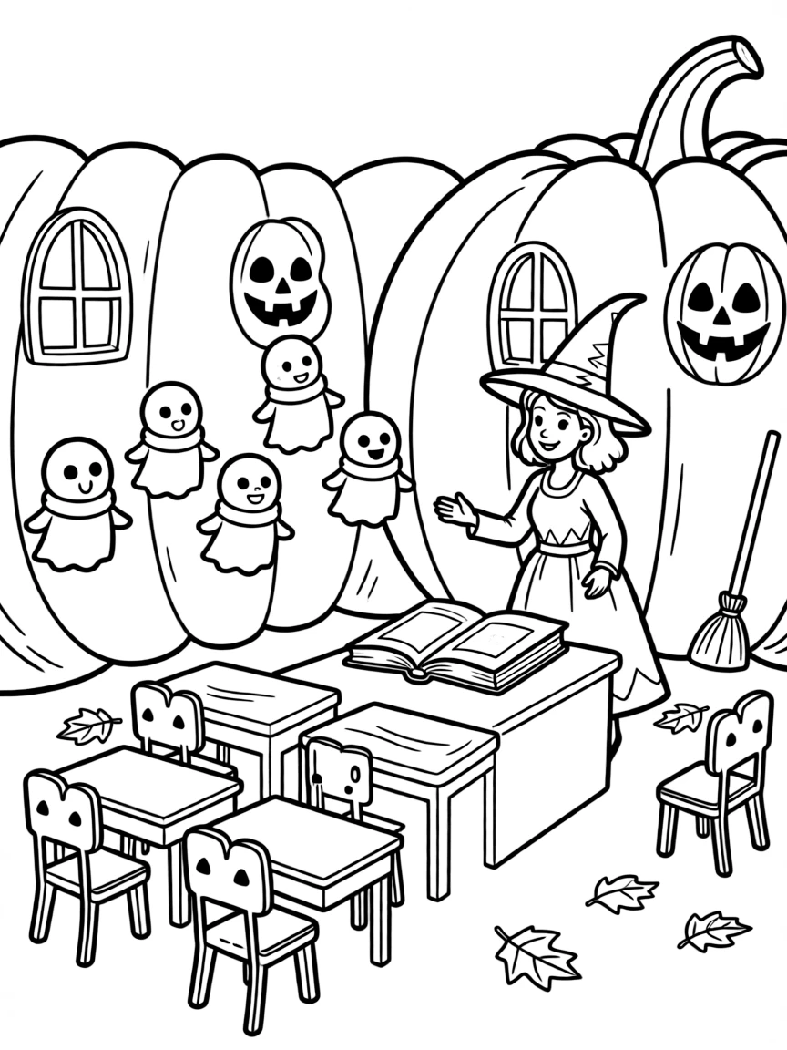 A witch teaching a class of ghostly students in a pumpkin classroom
