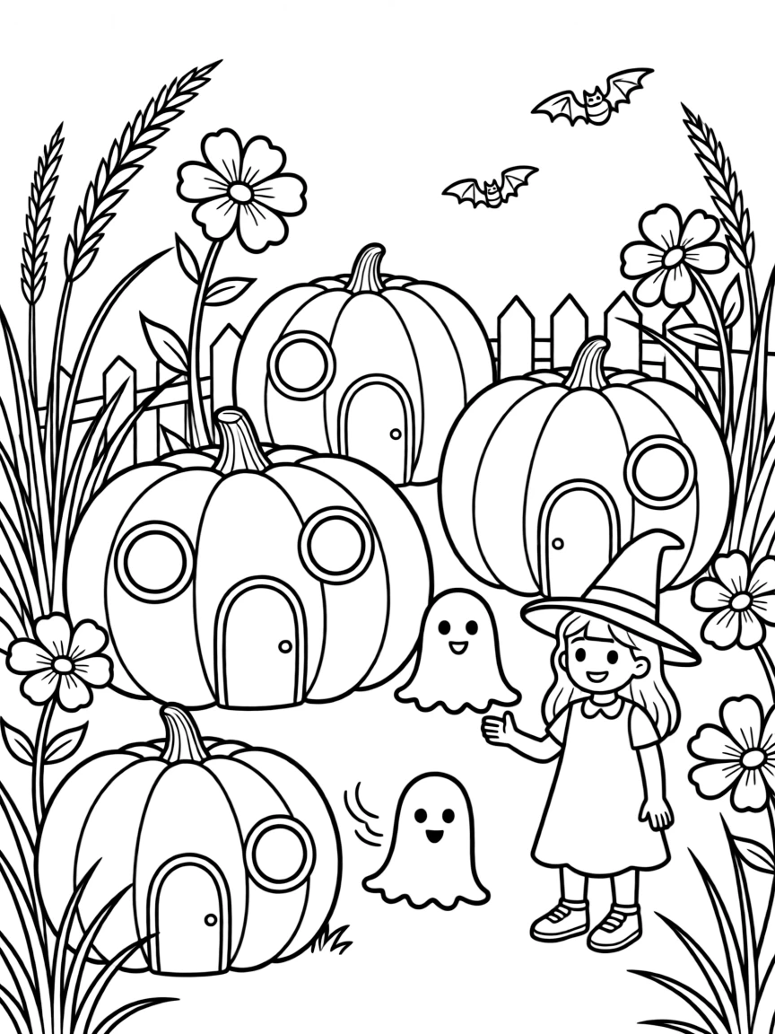 A witch's garden with pumpkins that house tiny ghost families