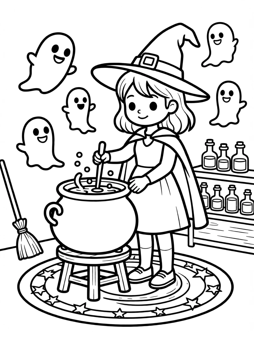 A witch brewing a potion that summons friendly ghosts