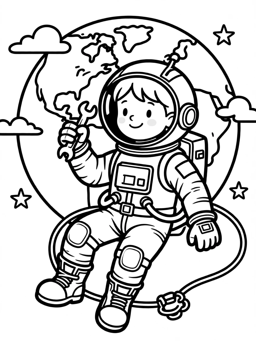An astronaut floating in space with Earth visible in the background, conducting a spacewalk with tools