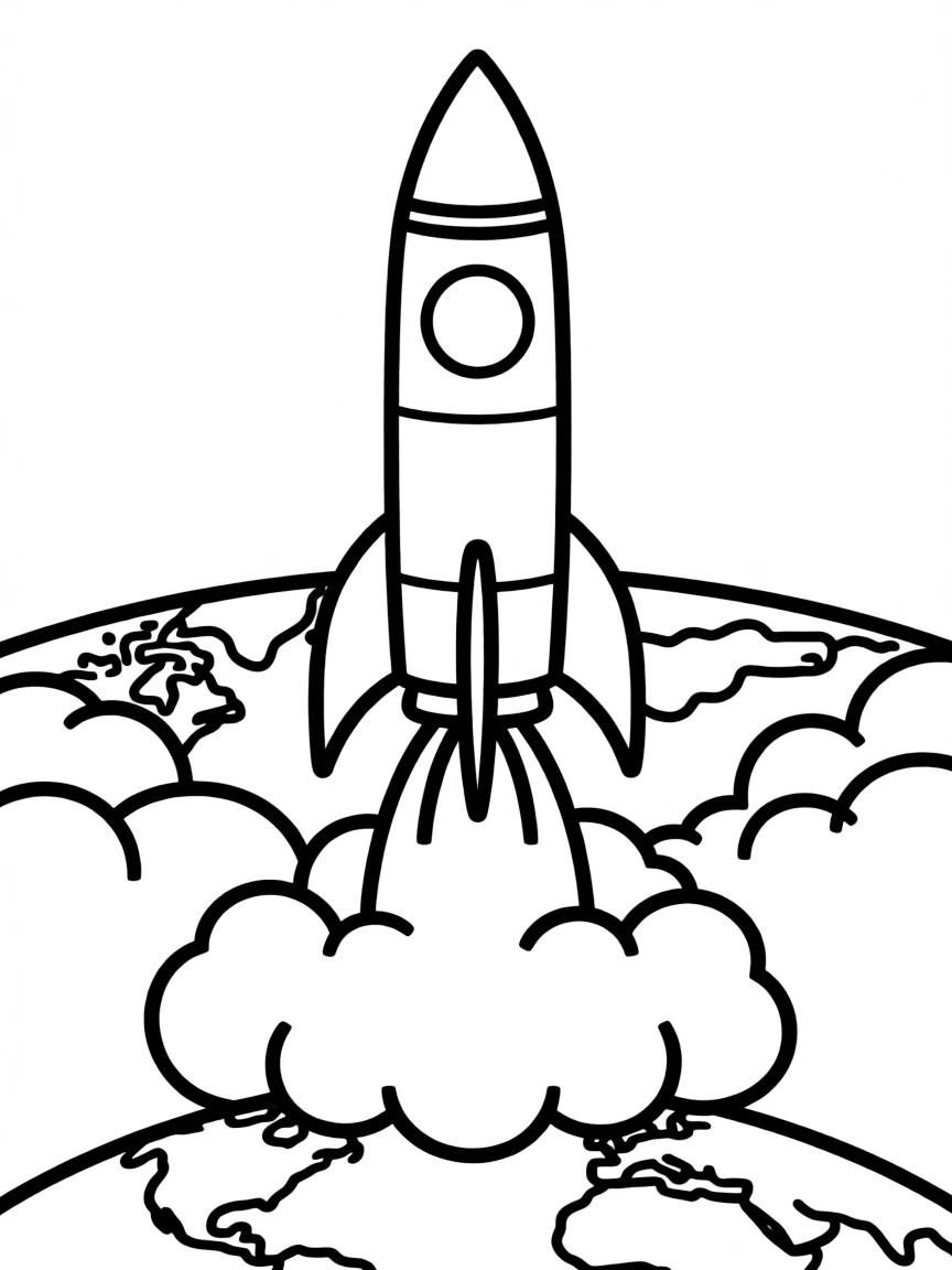 A rocket launching from Earth with billowing clouds of smoke beneath it