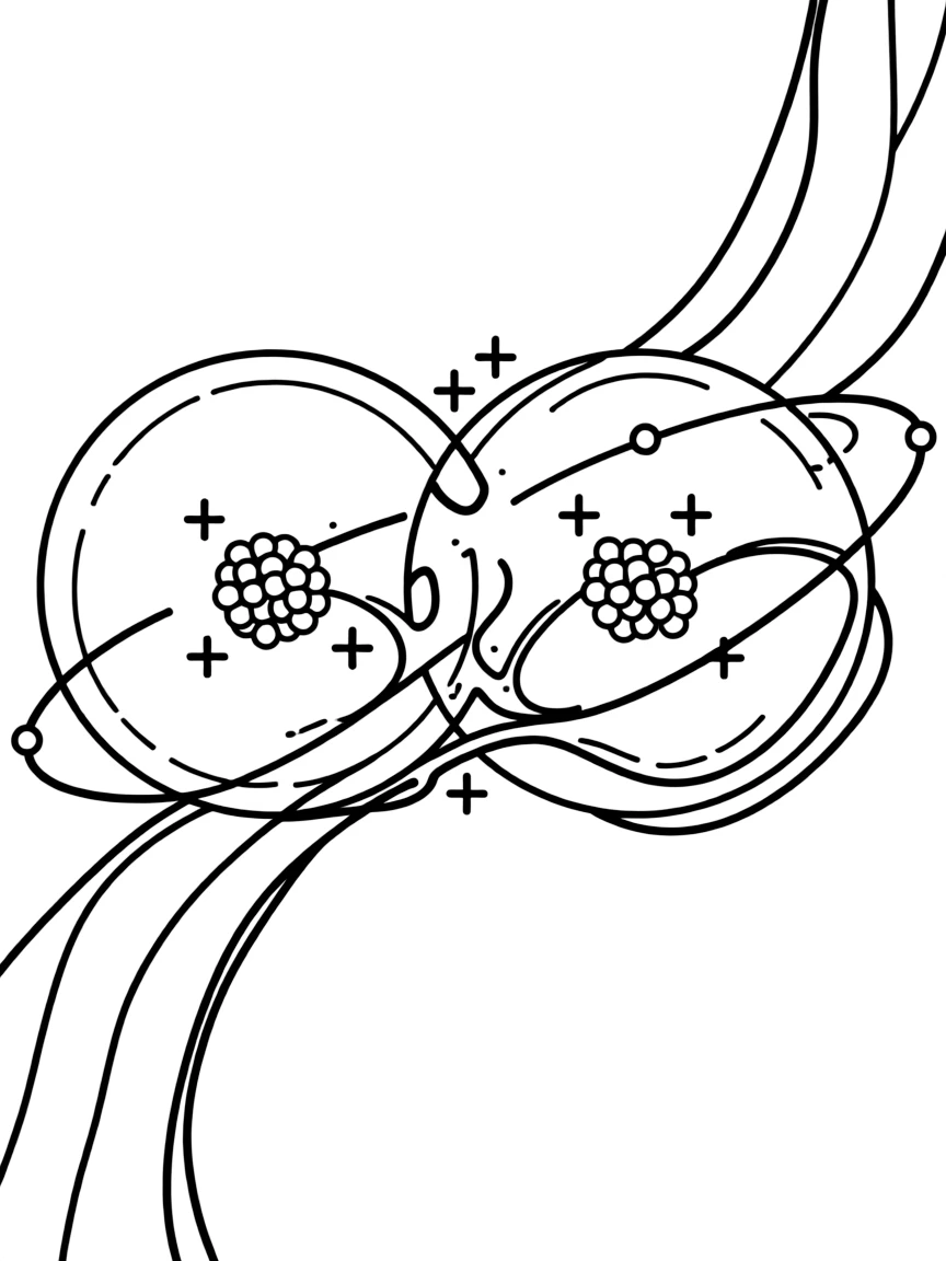 A detailed illustration of nuclear fusion with atoms combining