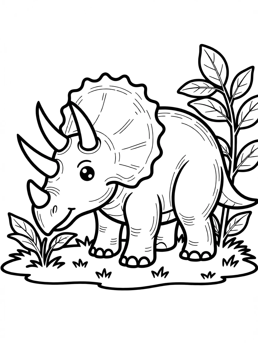 A Triceratops with its three horns and neck frill grazing on plants