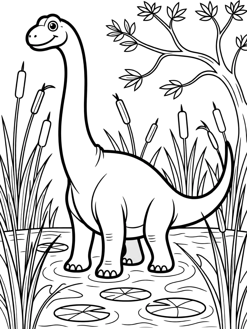 A Diplodocus with its extremely long neck and tail in a swampy environment