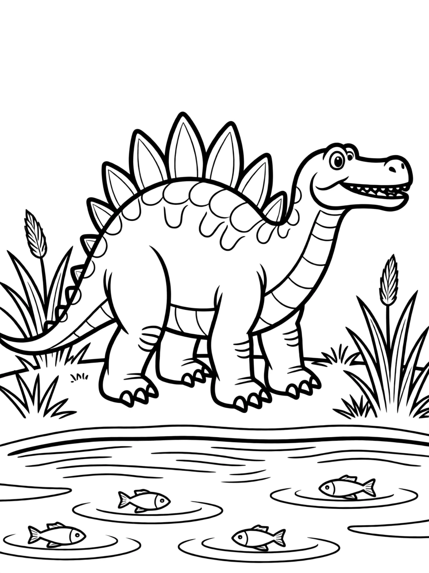 A Spinosaurus with its sail-like back and crocodile-like snout near water