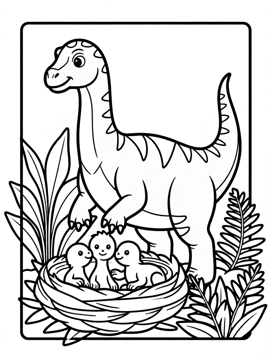 A Maiasaura with its nesting behaviors and baby dinosaurs