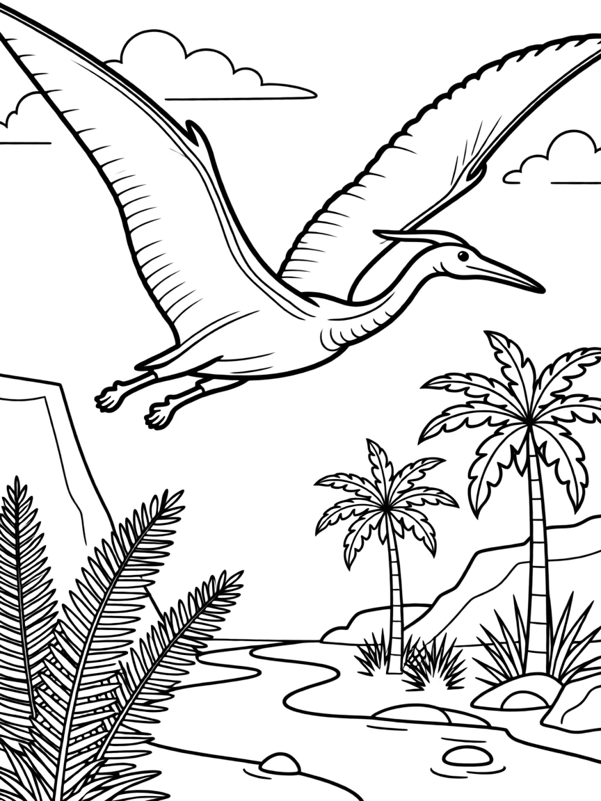 A Quetzalcoatlus (largest flying reptile) soaring over a prehistoric landscape