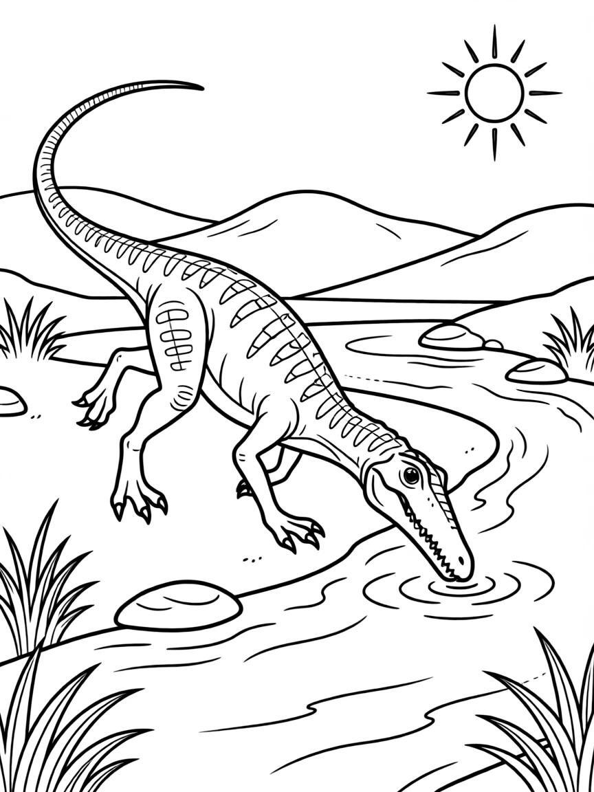 A Baryonyx with its crocodile-like snout fishing in a river