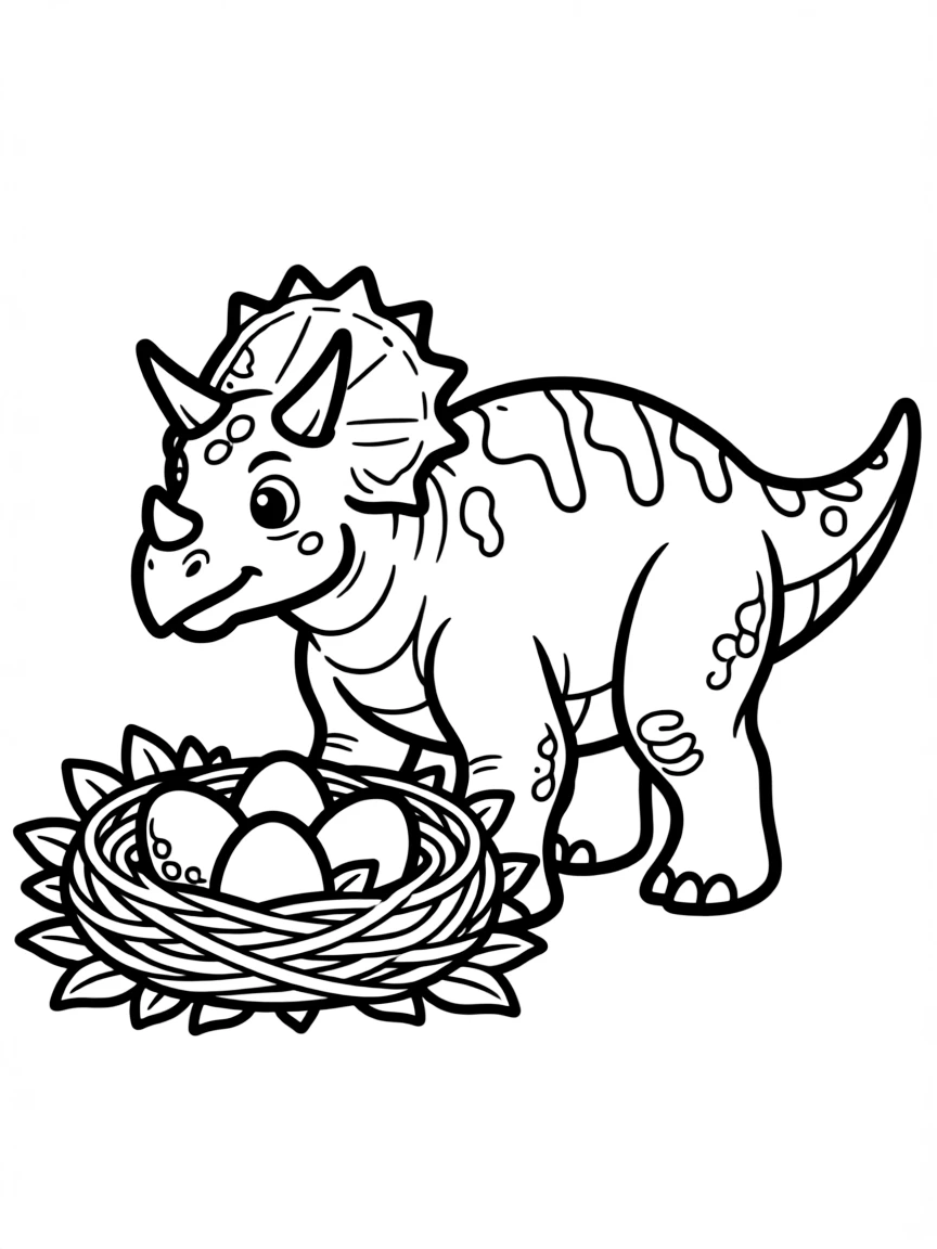 A Protoceratops with its small frill and beaked mouth protecting its nest