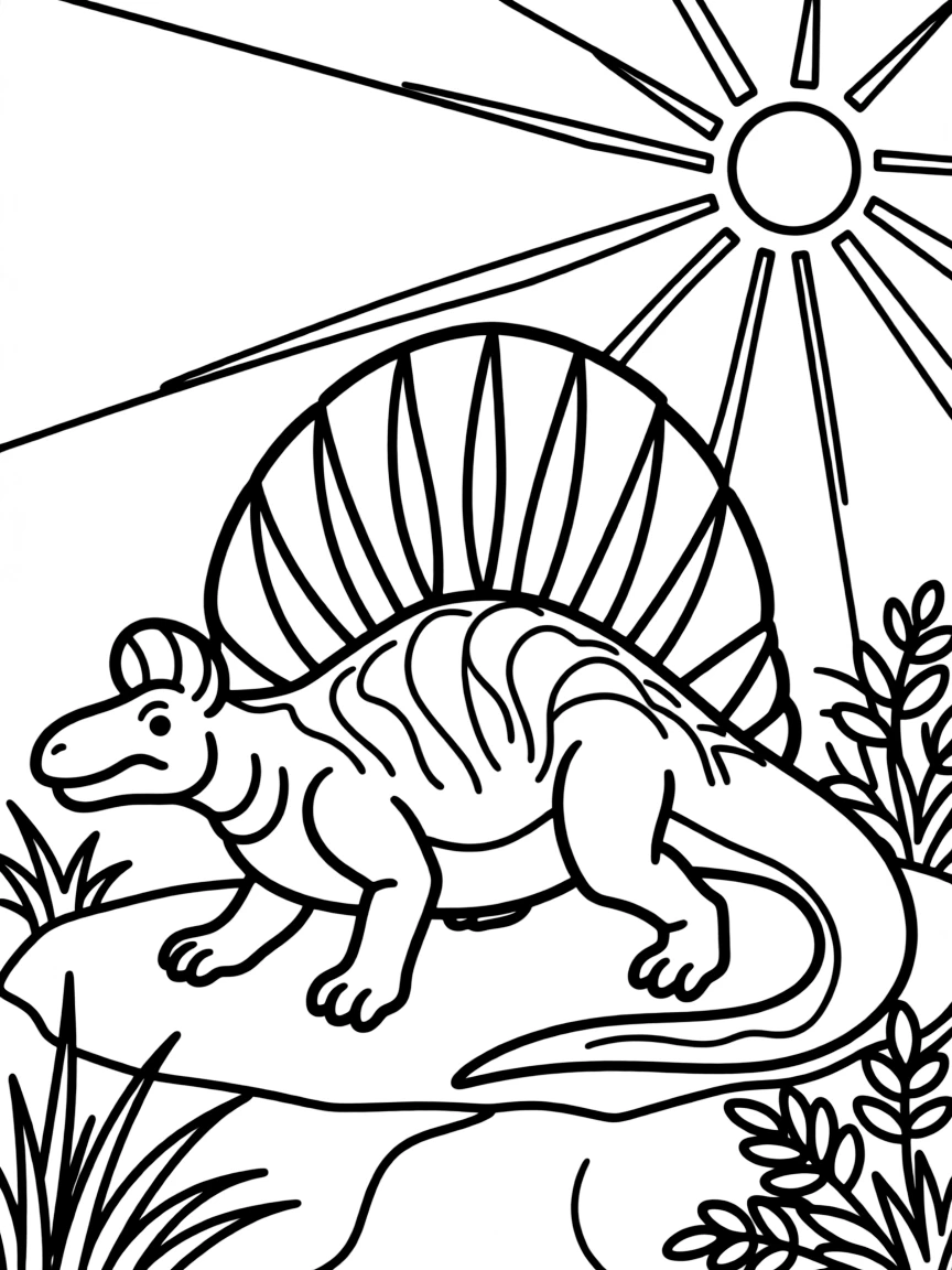 A Dimetrodon (not a dinosaur, but a synapsid) with its sail back basking in the sun