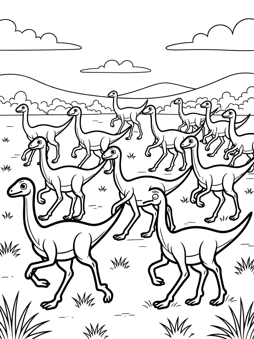 A Gallimimus flock running across an open plain