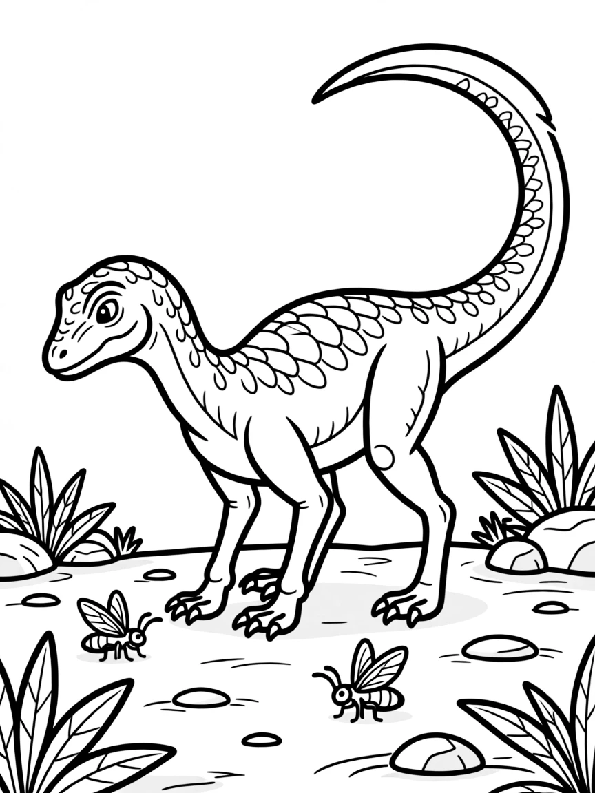A Compsognathus, one of the smallest dinosaurs, hunting insects