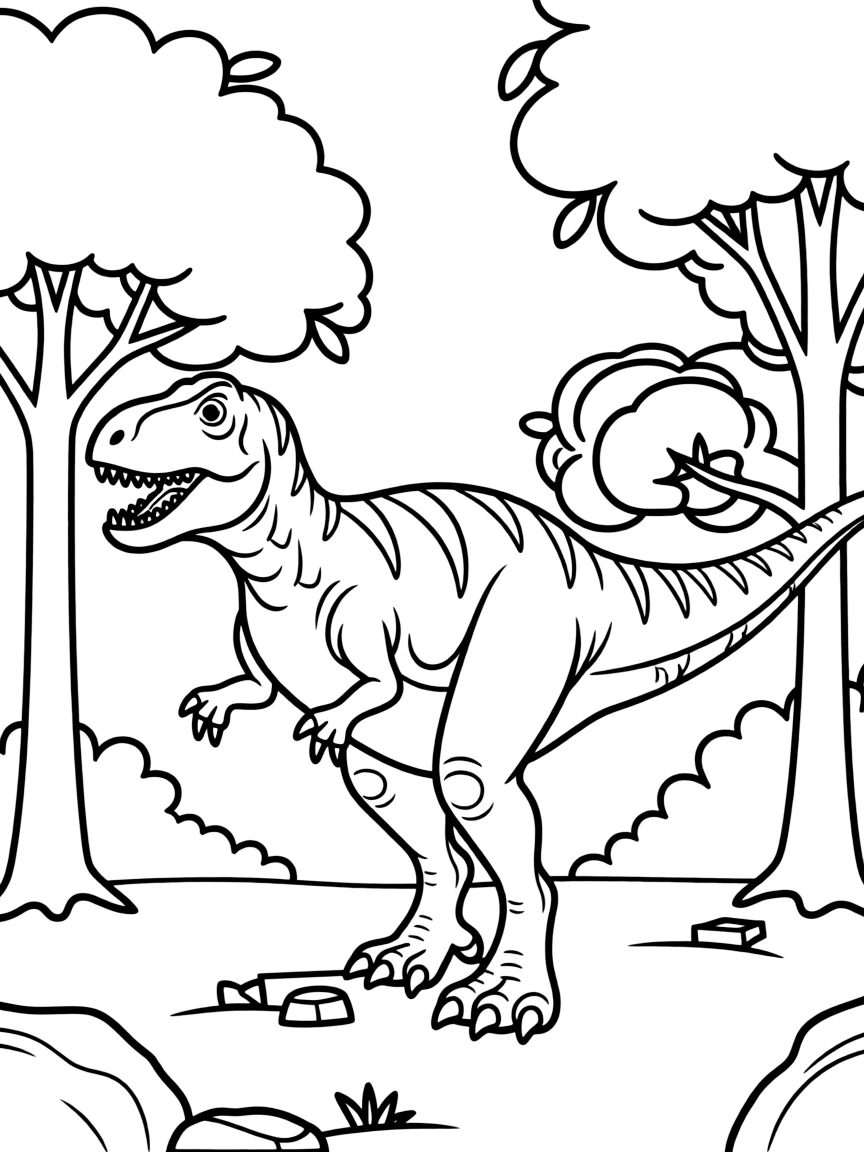 A Tarbosaurus, an Asian tyrannosaur, hunting in a forest