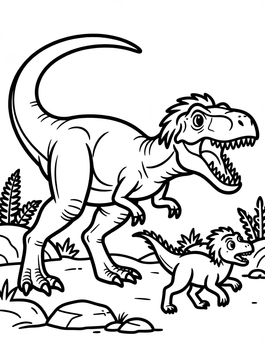 A Carcharodontosaurus with its shark-like teeth hunting prey