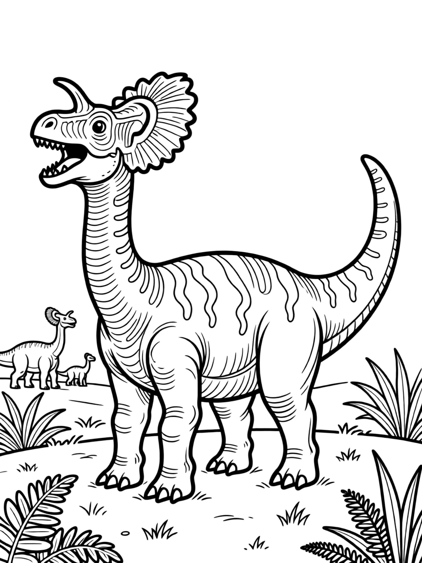 A Lambeosaurus with its hollow head crest calling to its herd