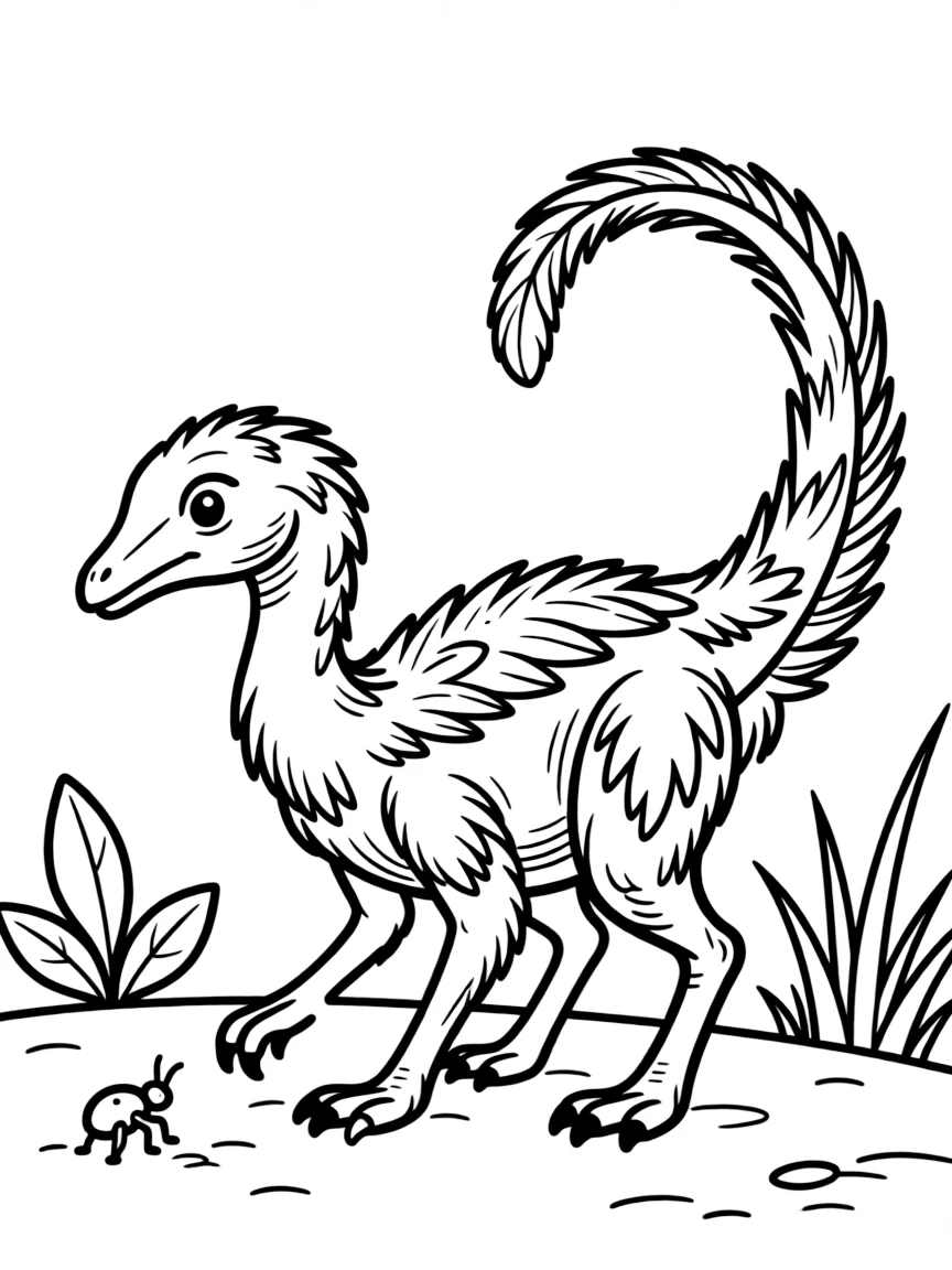A Sinosauropteryx with its primitive feathers hunting small prey