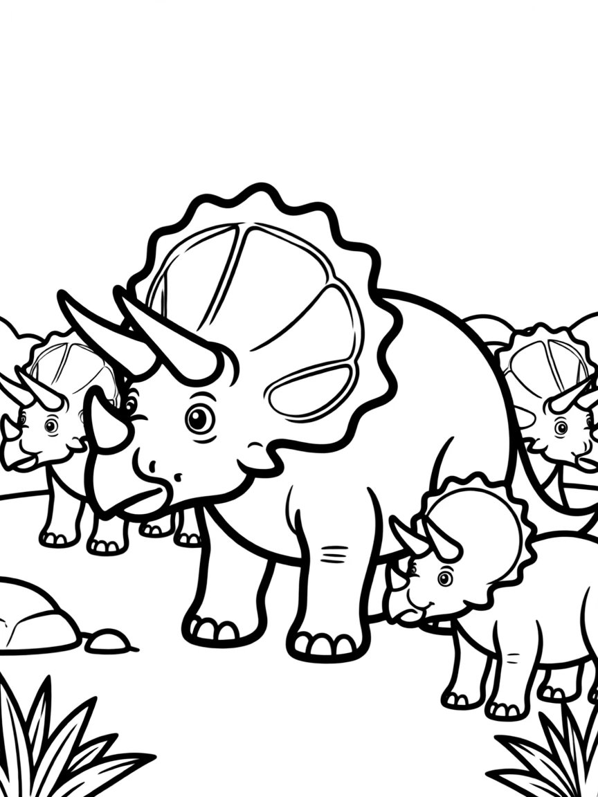 A Centrosaurus with its elaborate frill and nose horn in a herd