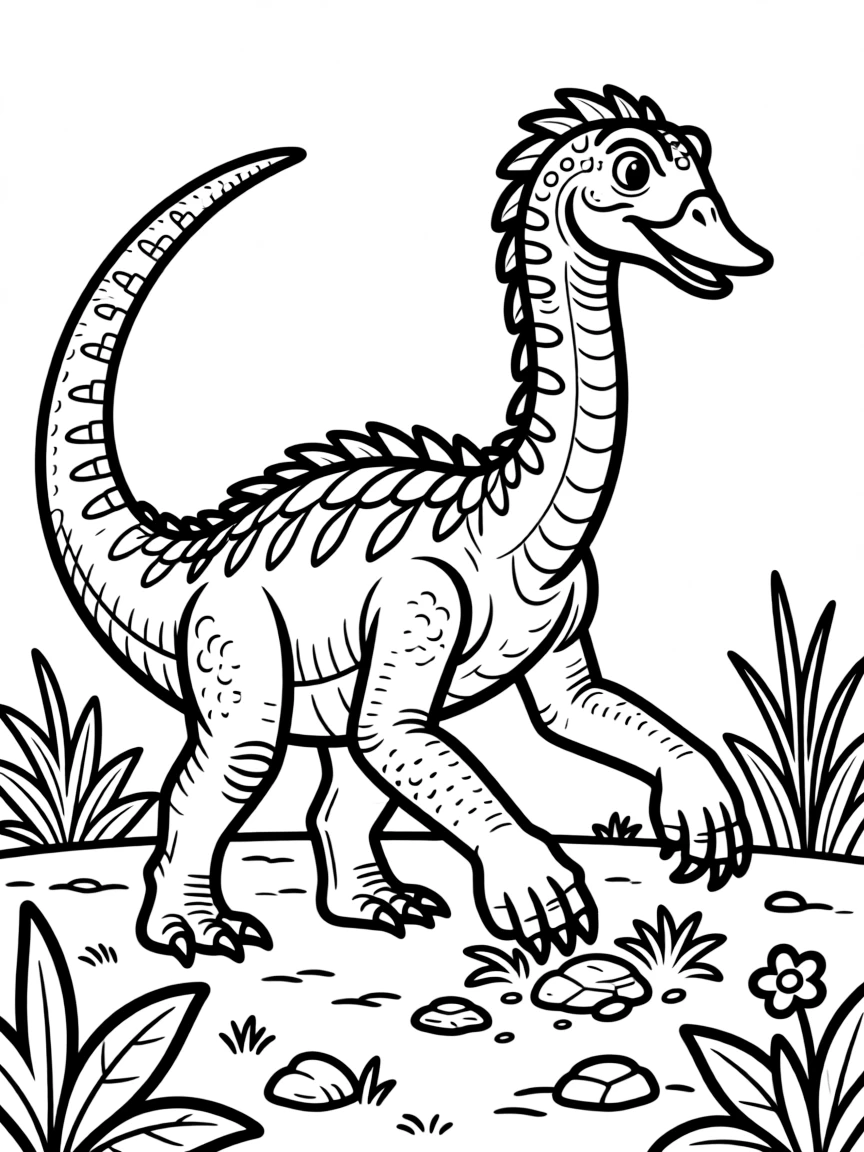 A Deinocheirus with its huge arms and duck-like bill foraging