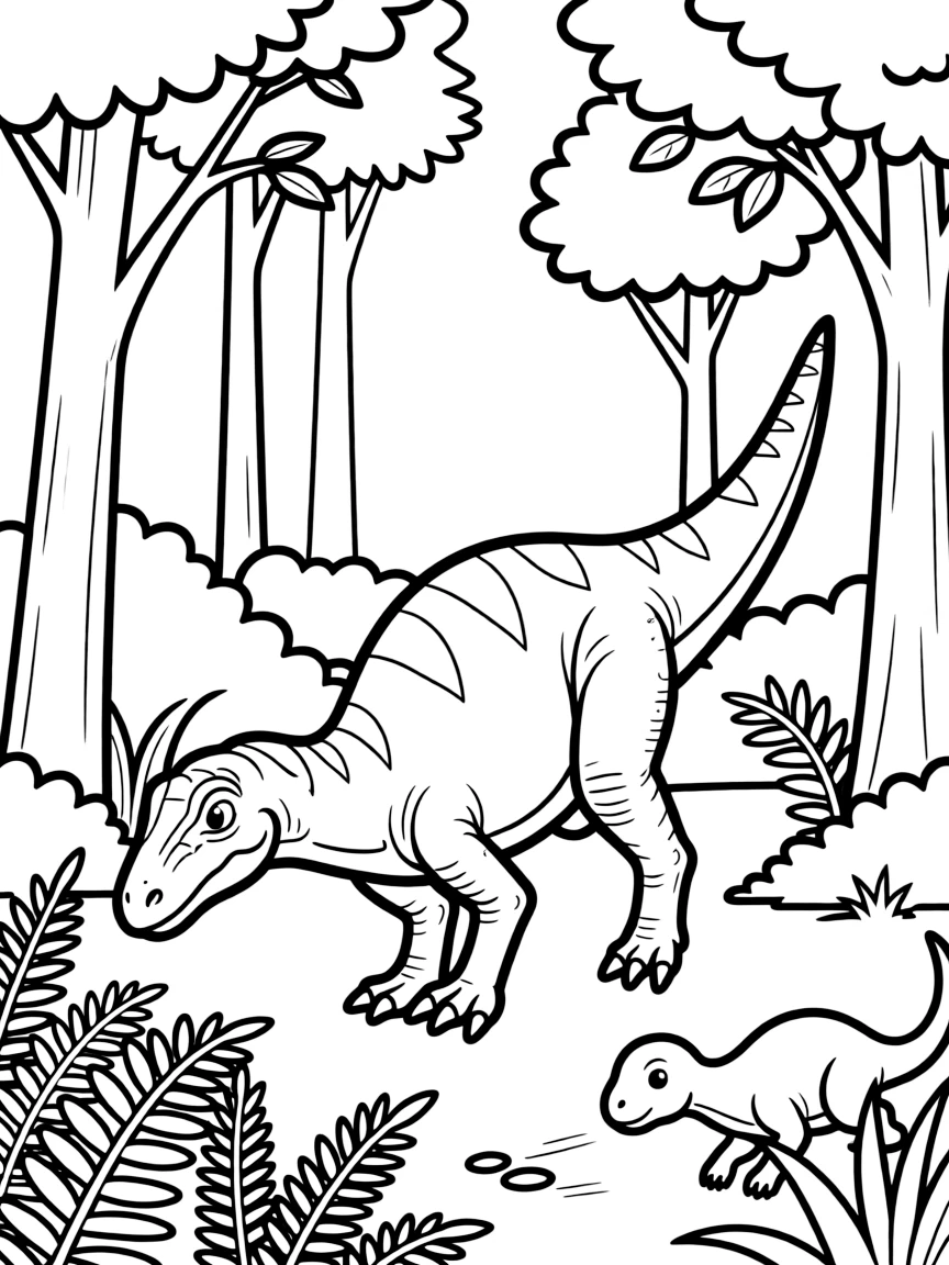 A Yangchuanosaurus, an Asian predator, stalking prey in a forest