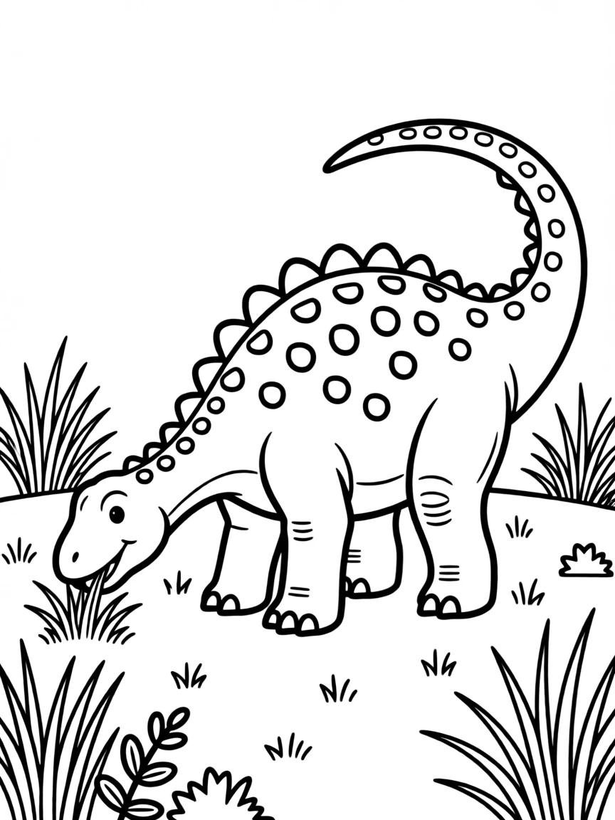 A Saltasaurus with its armored body grazing in a field