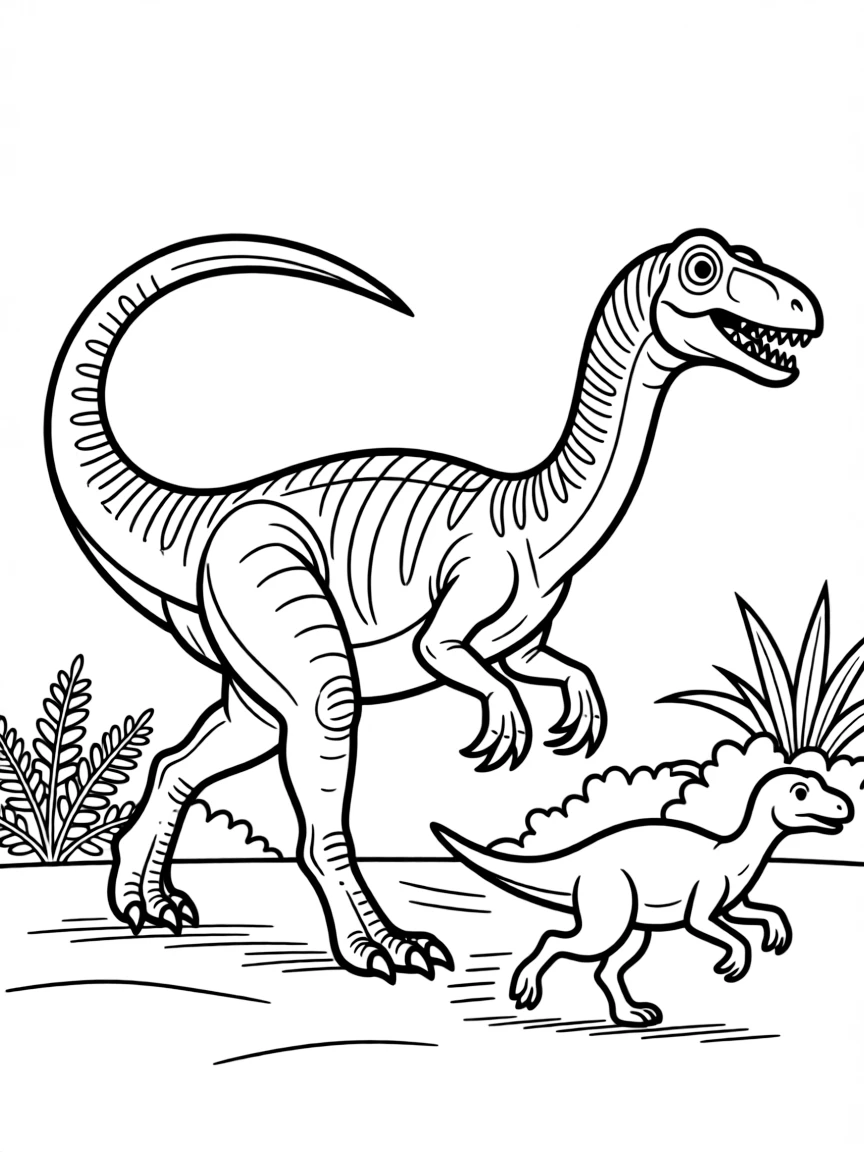 A Herrerasaurus, one of the earliest dinosaurs, hunting prey