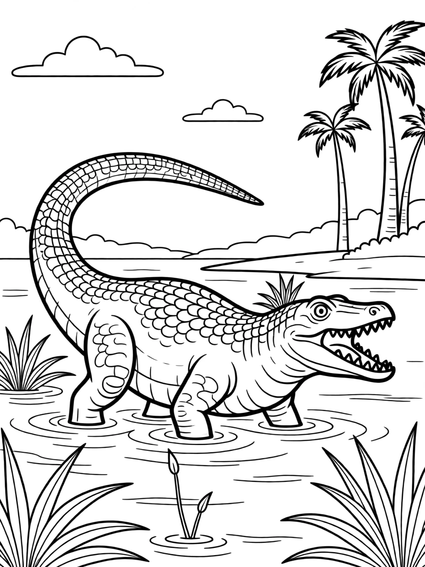 A Deinosuchus (giant crocodilian) lurking in prehistoric waters
