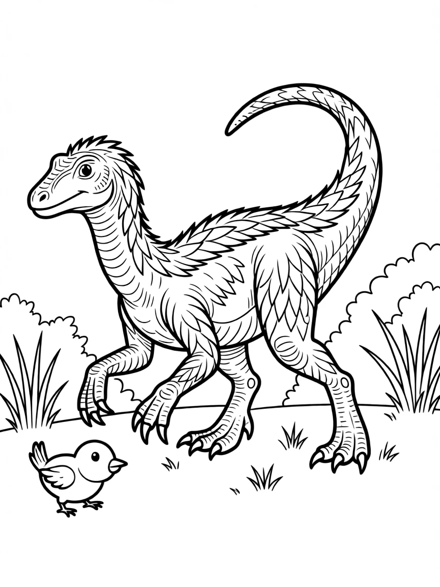 A Dilong, an early feathered tyrannosaur, hunting small prey