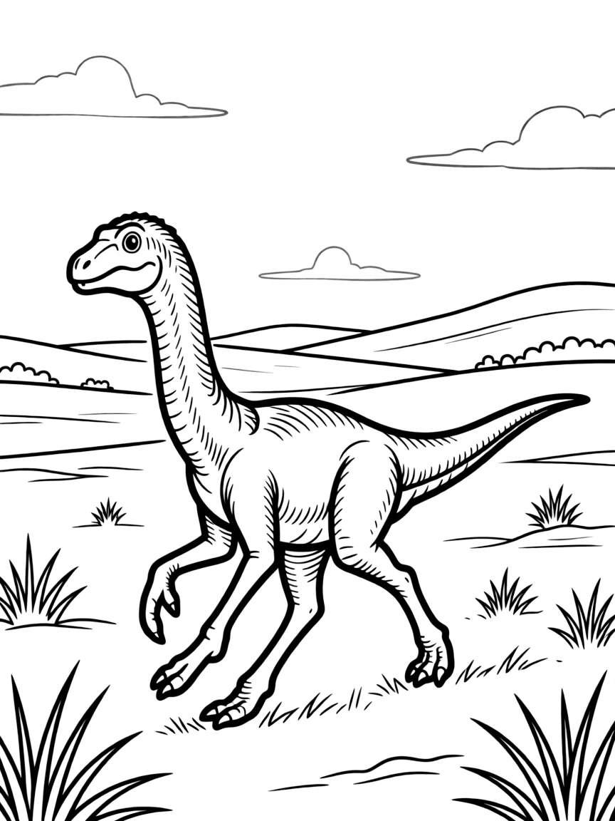 A Ornithomimus running across an open plain