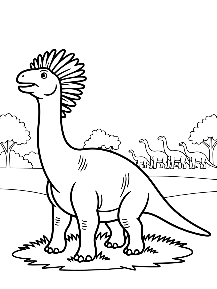 A Saurolophus with its spike-like crest calling to its herd
