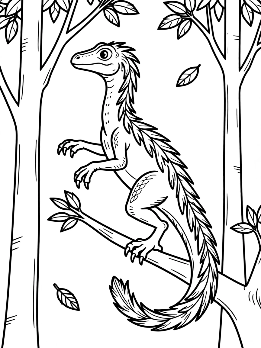 A Sinornithosaurus with its feathers hunting from the trees