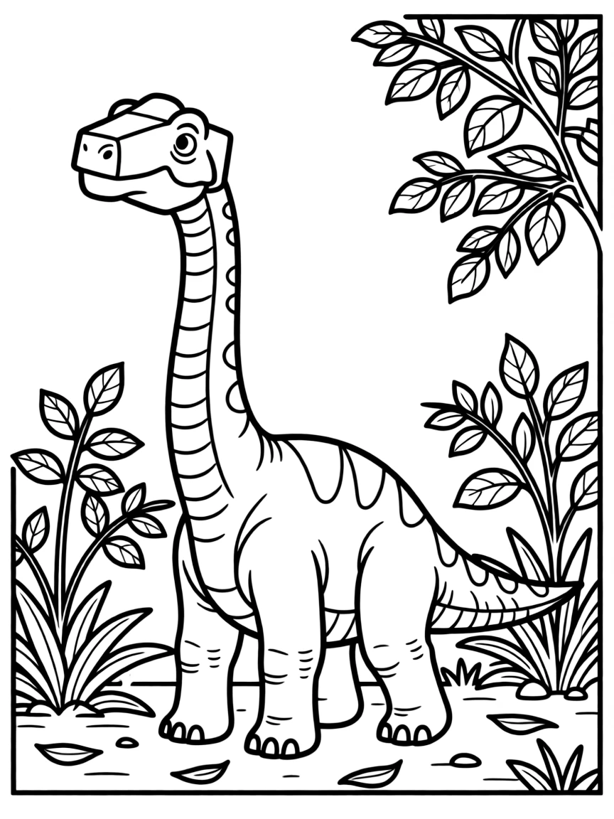A Camarasaurus with its box-like skull browsing on mid-level vegetation