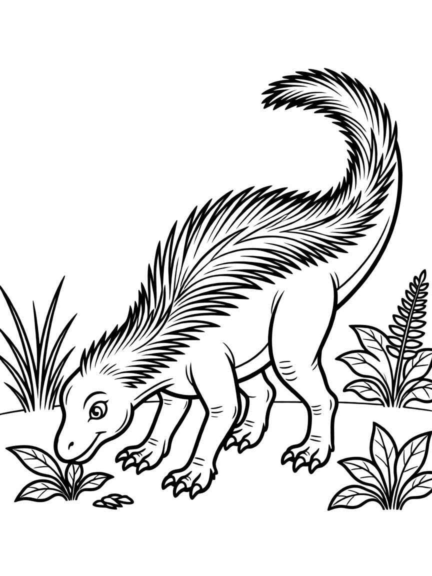 A Tianyulong with its primitive filamentous feathers foraging
