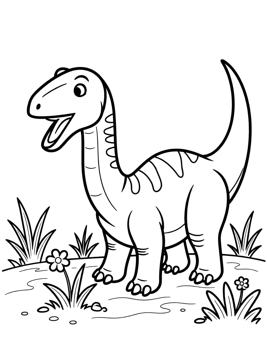A Nigersaurus with its wide, straight-edged mouth grazing on ground vegetation
