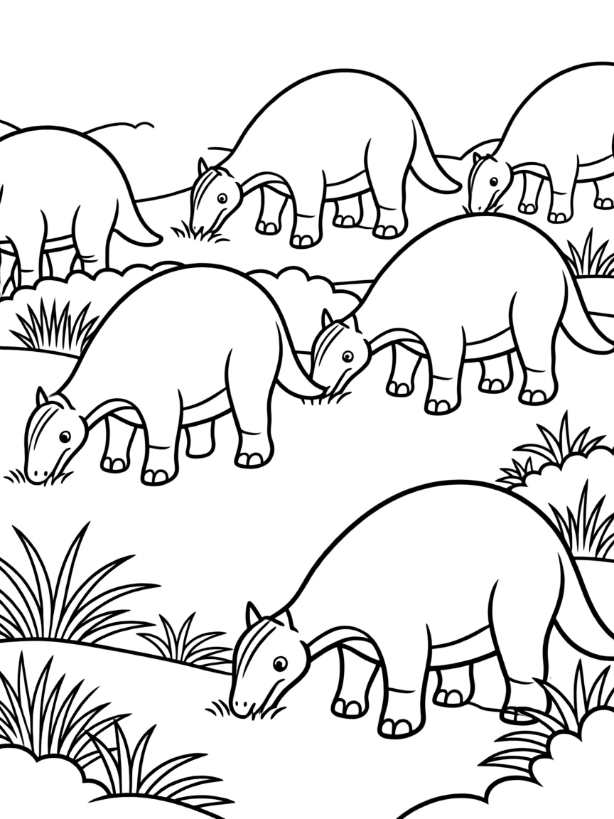 A Protohadros grazing on low vegetation in a herd