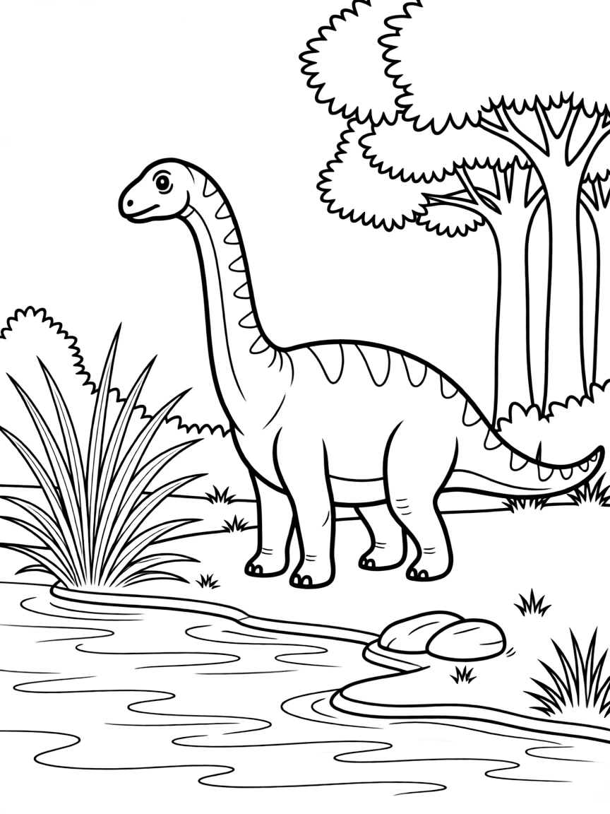 A Aegyptosaurus, an African sauropod, browsing in a riverside setting