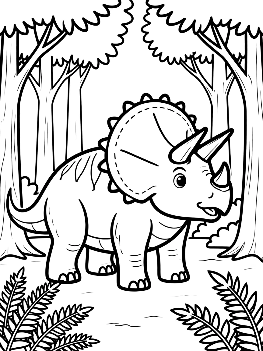 A Eotriceratops with its large frill and horns in a forested setting