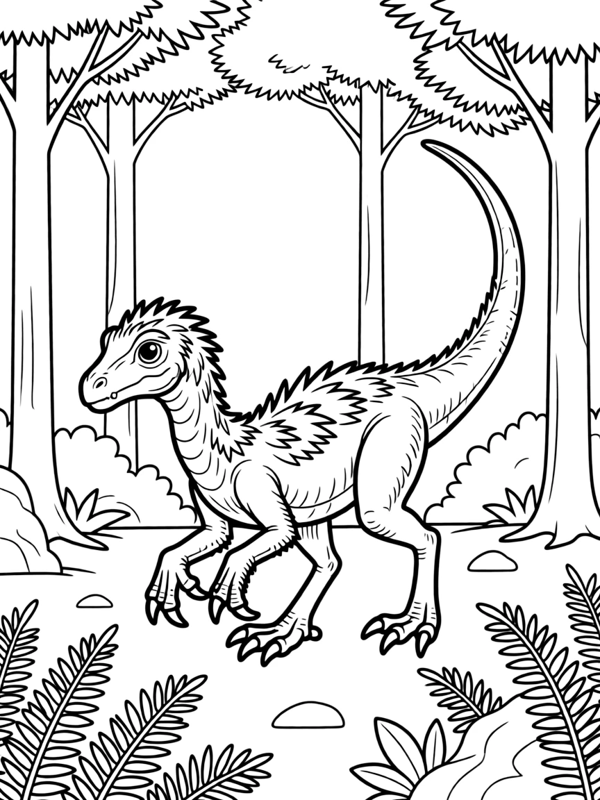 A Fukuiraptor stalking prey in an Early Cretaceous forest