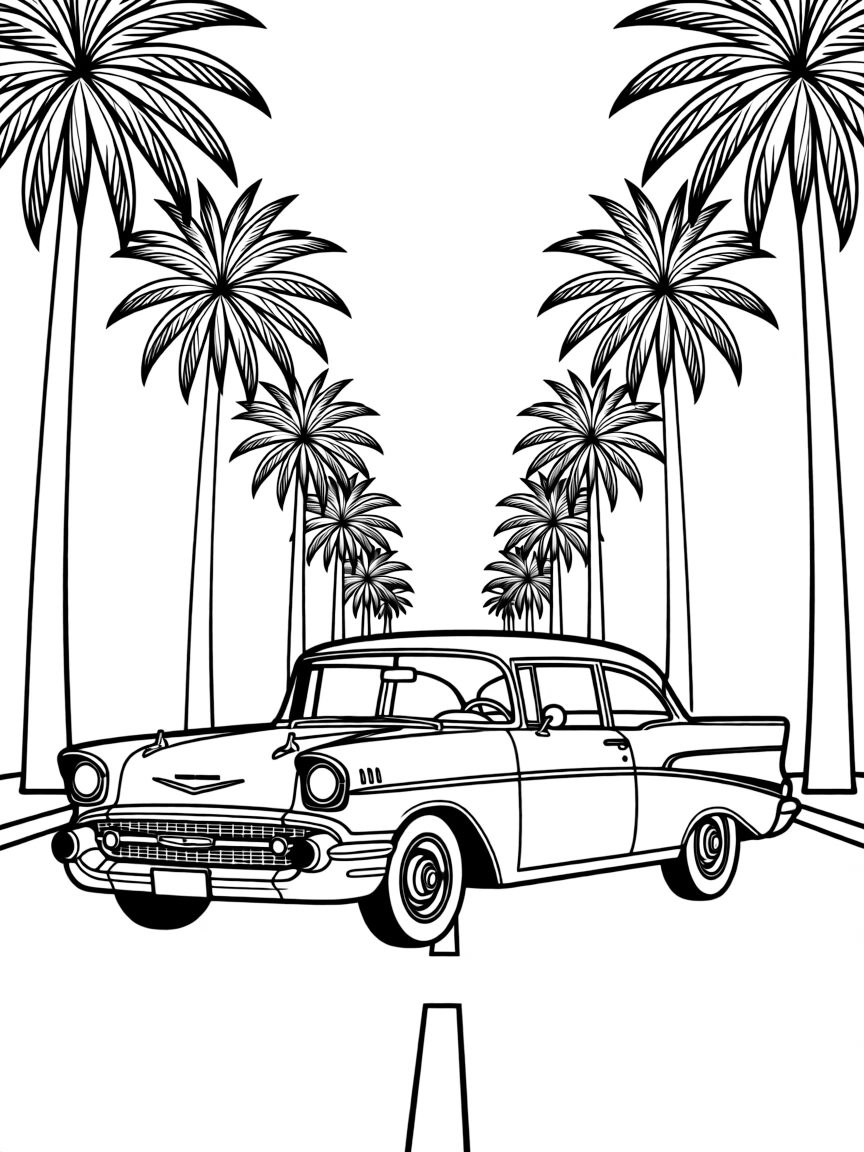 A 1957 Chevrolet Bel Air cruising down a palm-lined boulevard