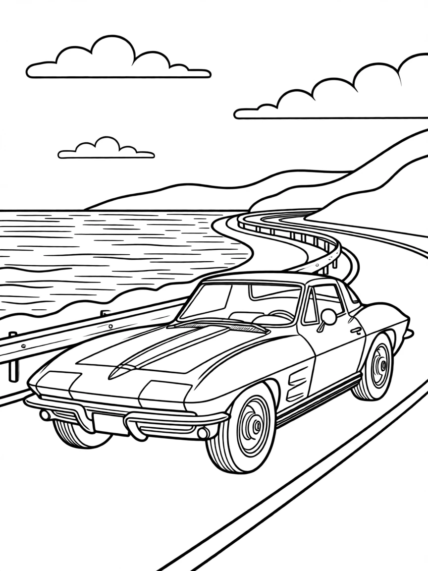 A 1963 Corvette Stingray racing along a coastal highway
