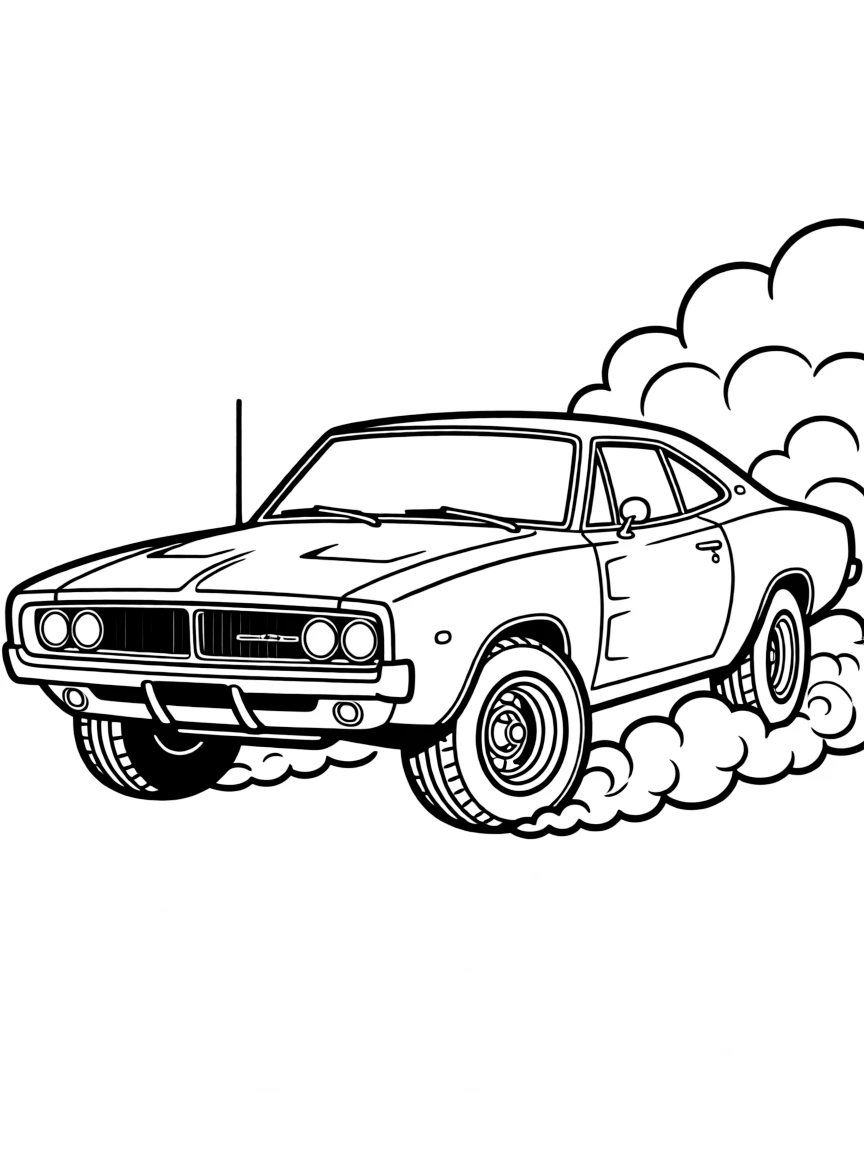 A 1970 Dodge Charger performing a burnout with smoke around the tires