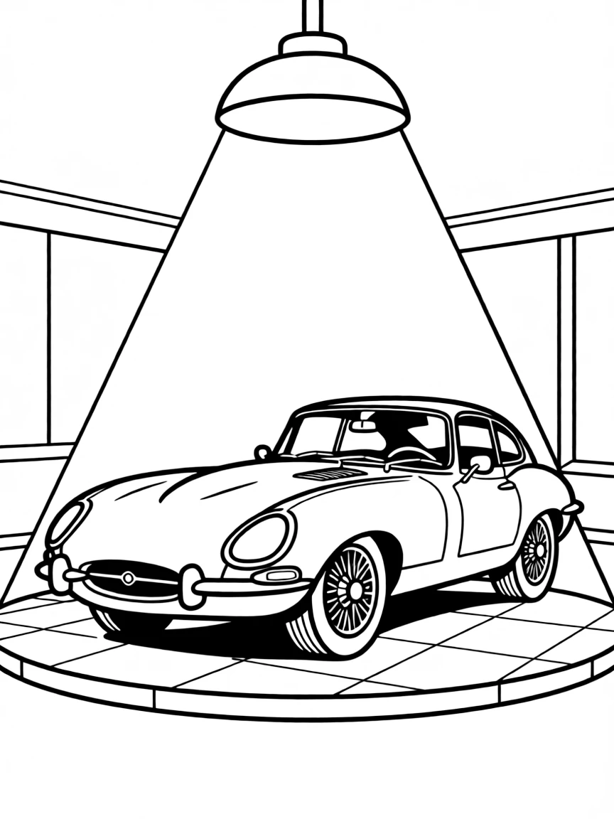 A classic Jaguar E-Type under a spotlight in a showroom