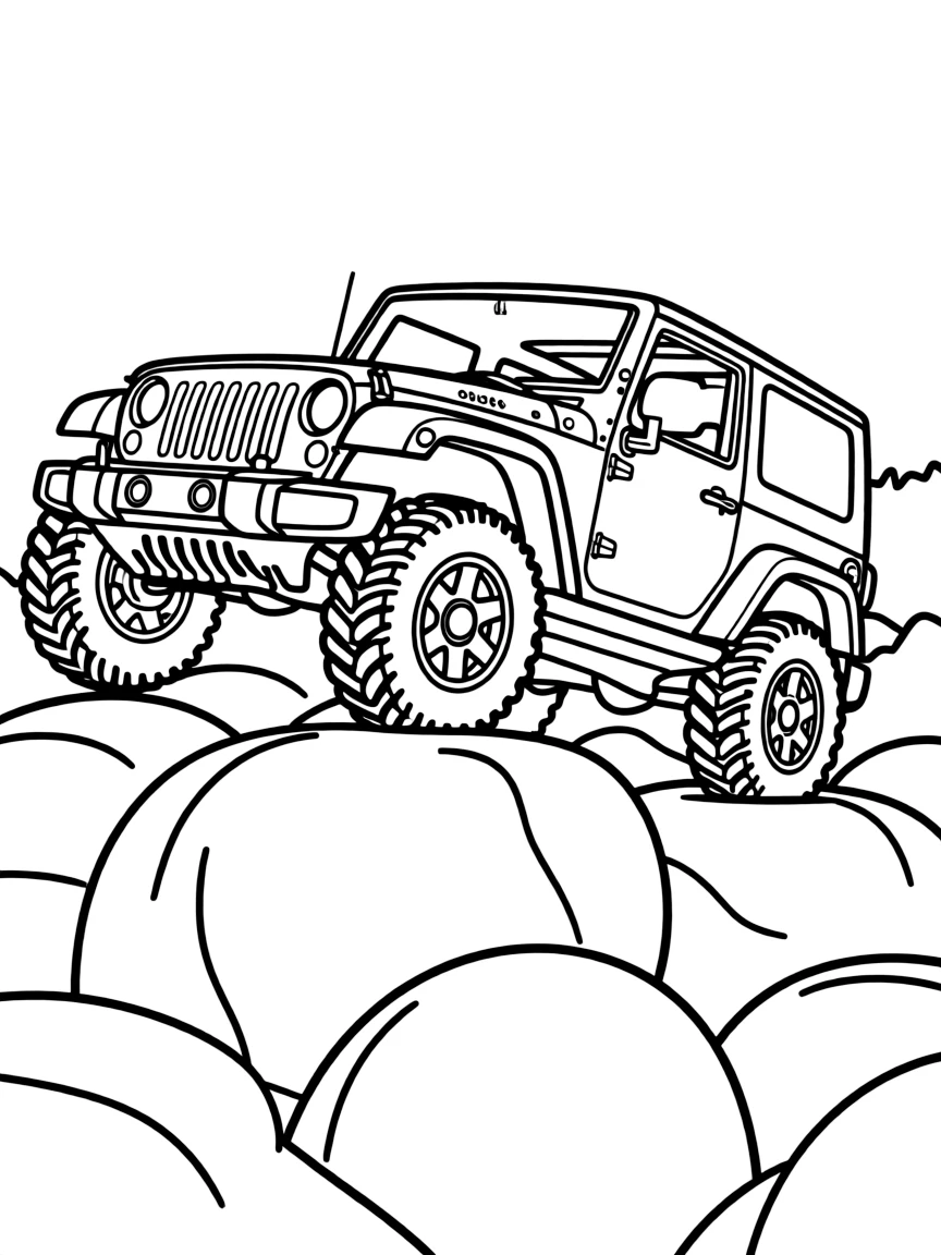 A lifted Jeep Wrangler climbing over large boulders