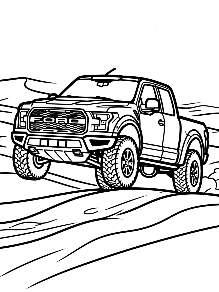 A Ford F-150 Raptor jumping over desert dunes