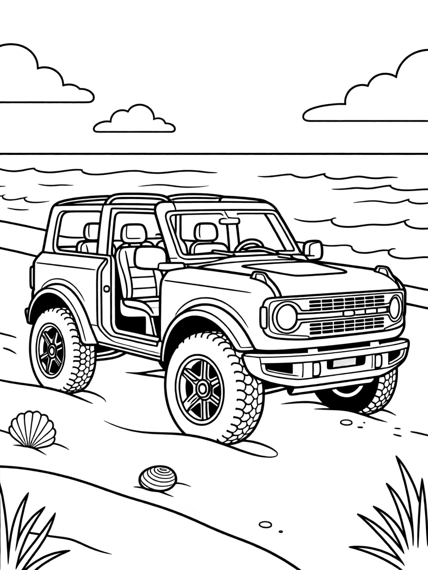 A Ford Bronco with doors and roof removed on a beach