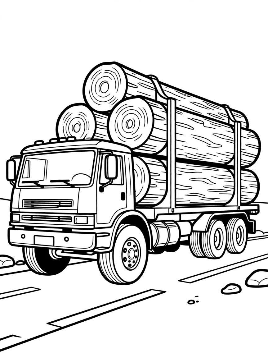 A detailed logging truck with massive tree trunks loaded