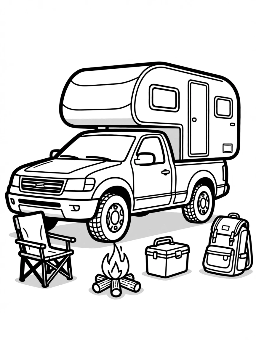 A pickup truck with camper shell and detailed camping setup